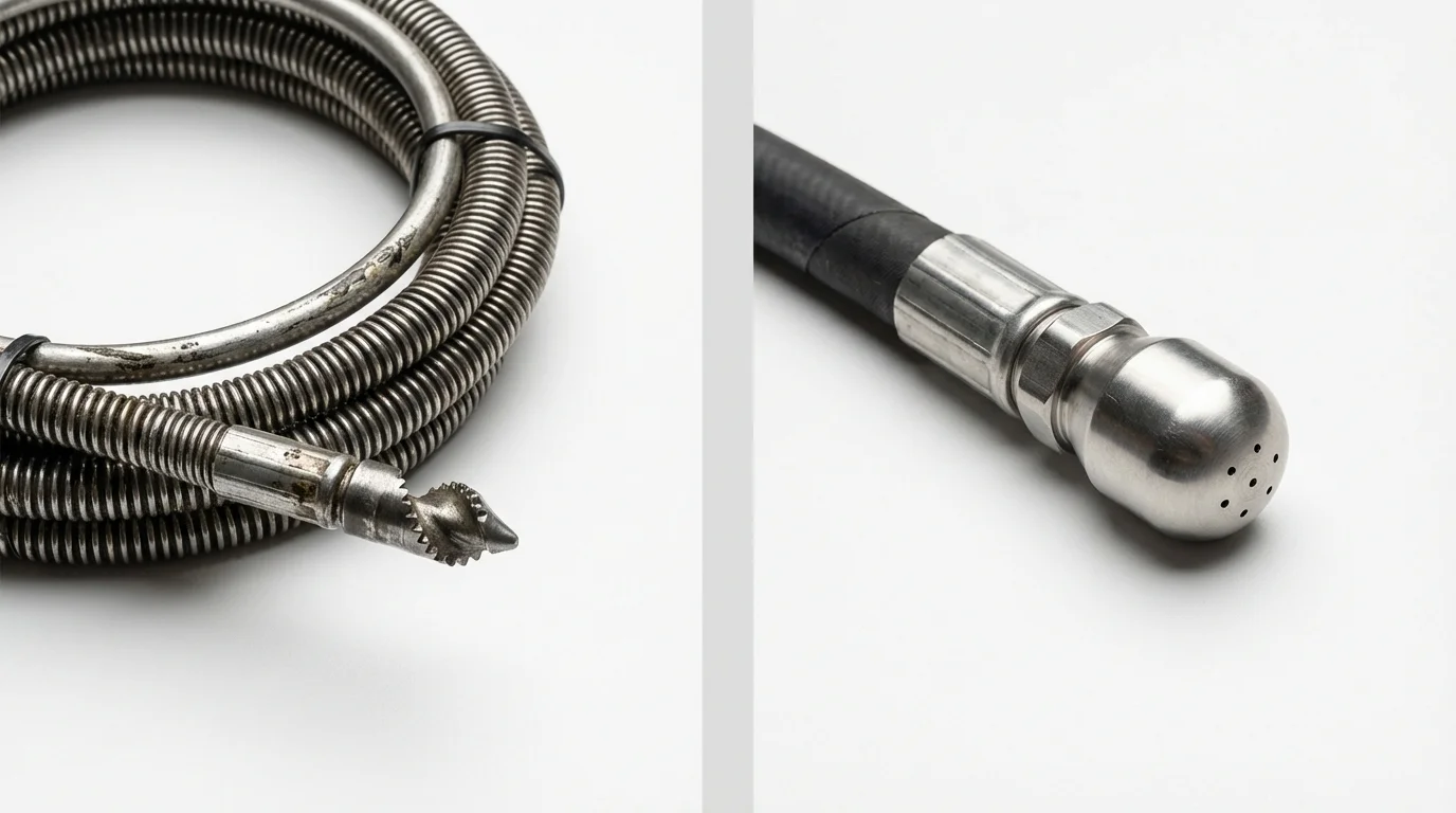 Drain snake cable and hydro jetting nozzle used for drain cleaning in Kewaunee, WI