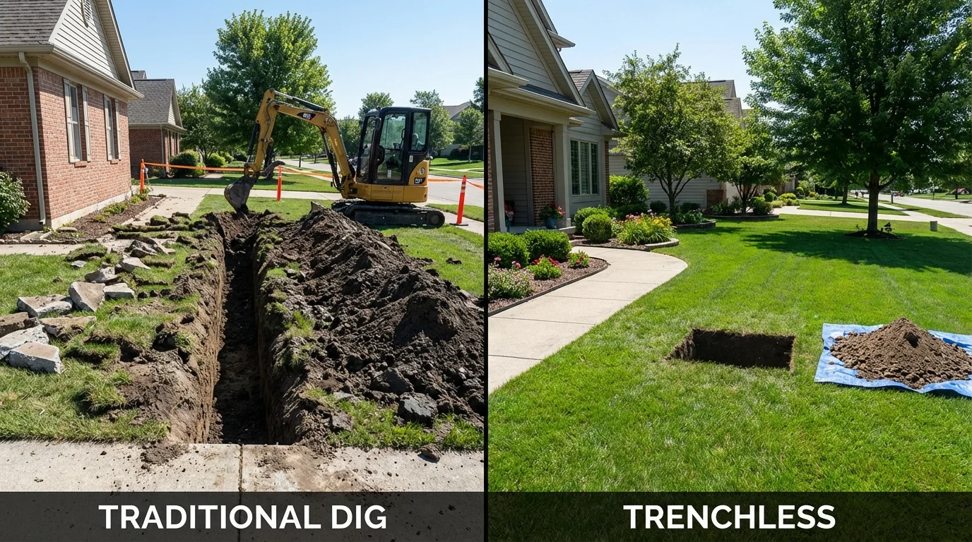Trenchless sewer repair with minimal yard damage versus traditional excavation in Kewaunee, WI
