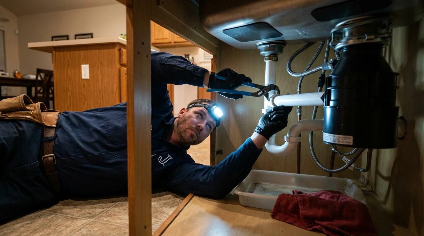P-trap and supply line connections under a kitchen sink showing a common leak point in Kewaunee, WI
